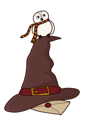 sorting hat with an owl perched on tip and letter underneath