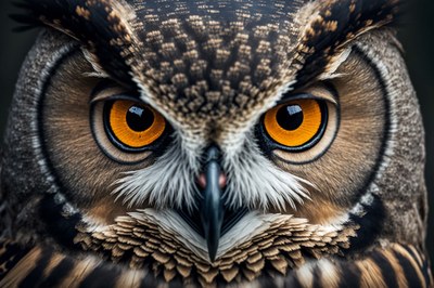 Close up of great horned owl face with golden eyes