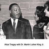 Black and white photo of Alice Tregay standing with Martin Luther King, Jr.