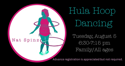 Drawing of a bright pink and teal woman hul hooping in a circle against a white background, within a black rectangle. 