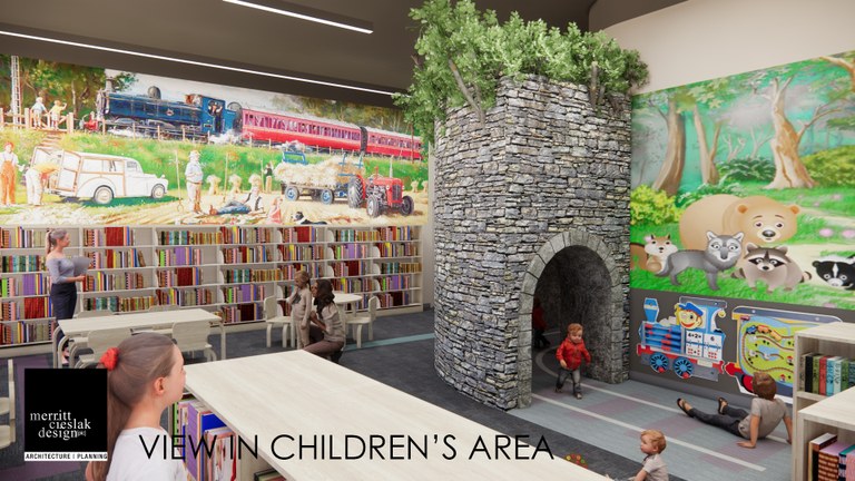 Children and families looking for books and playing in the children's area of the library