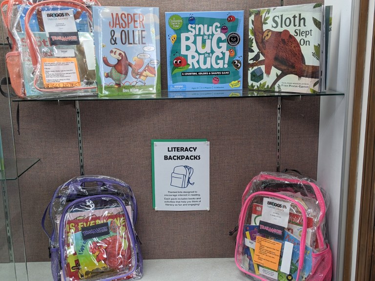 Three clear backpacks with books and games inside and several children's pictures books on glass shelves